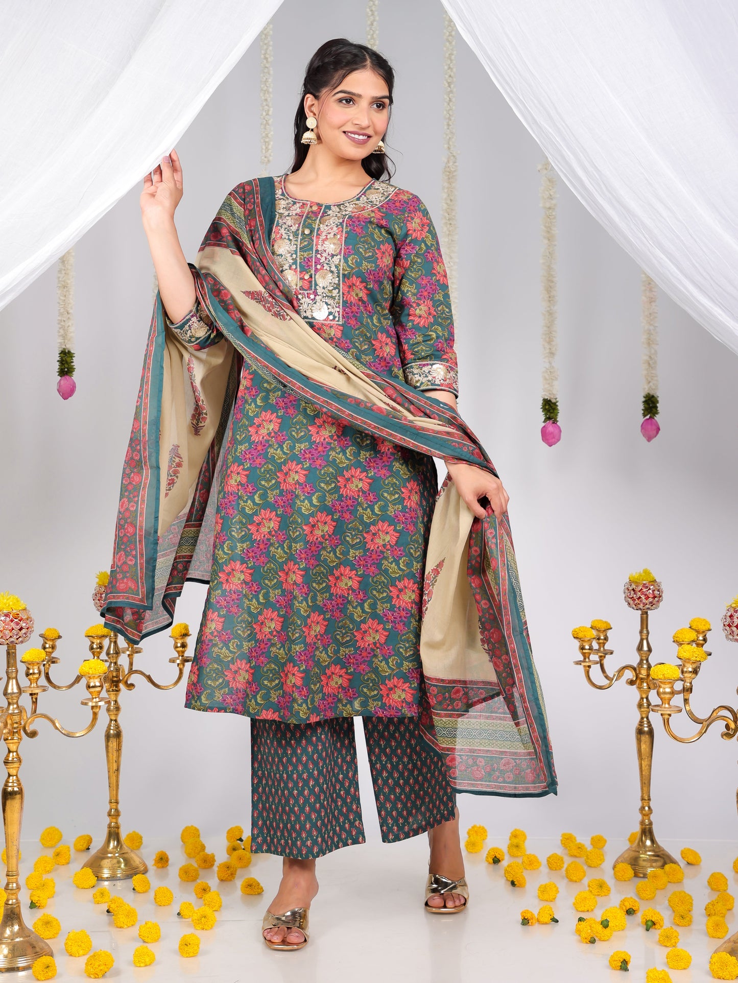 Embroidered Soft Cotton Floral Straight Green Kurta