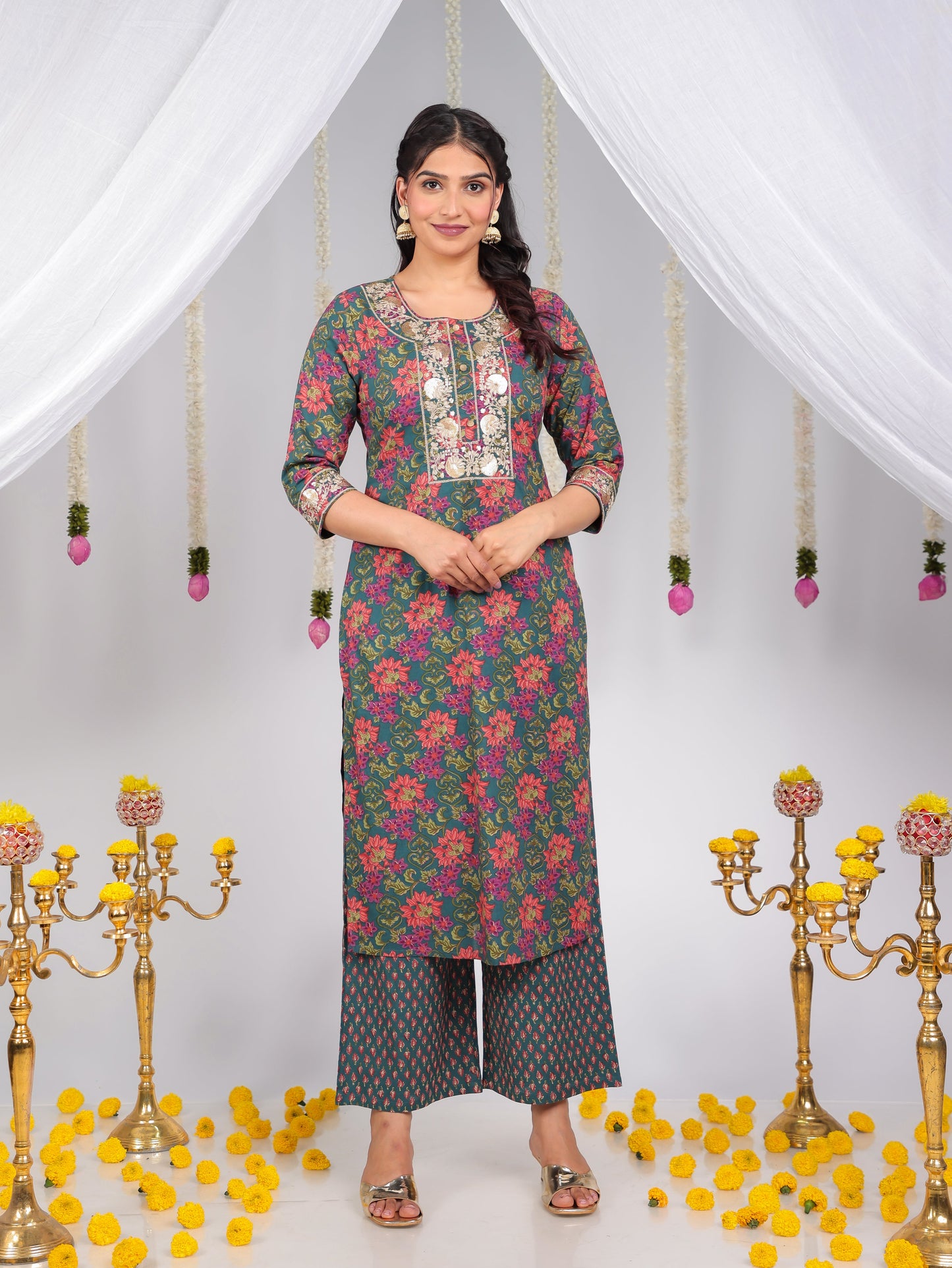 Embroidered Soft Cotton Floral Straight Green Kurta