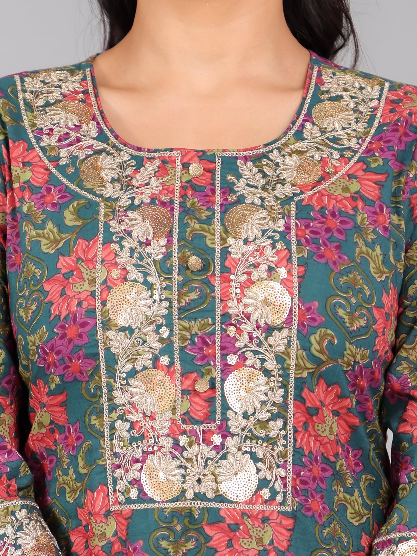 Embroidered Soft Cotton Floral Straight Green Kurta