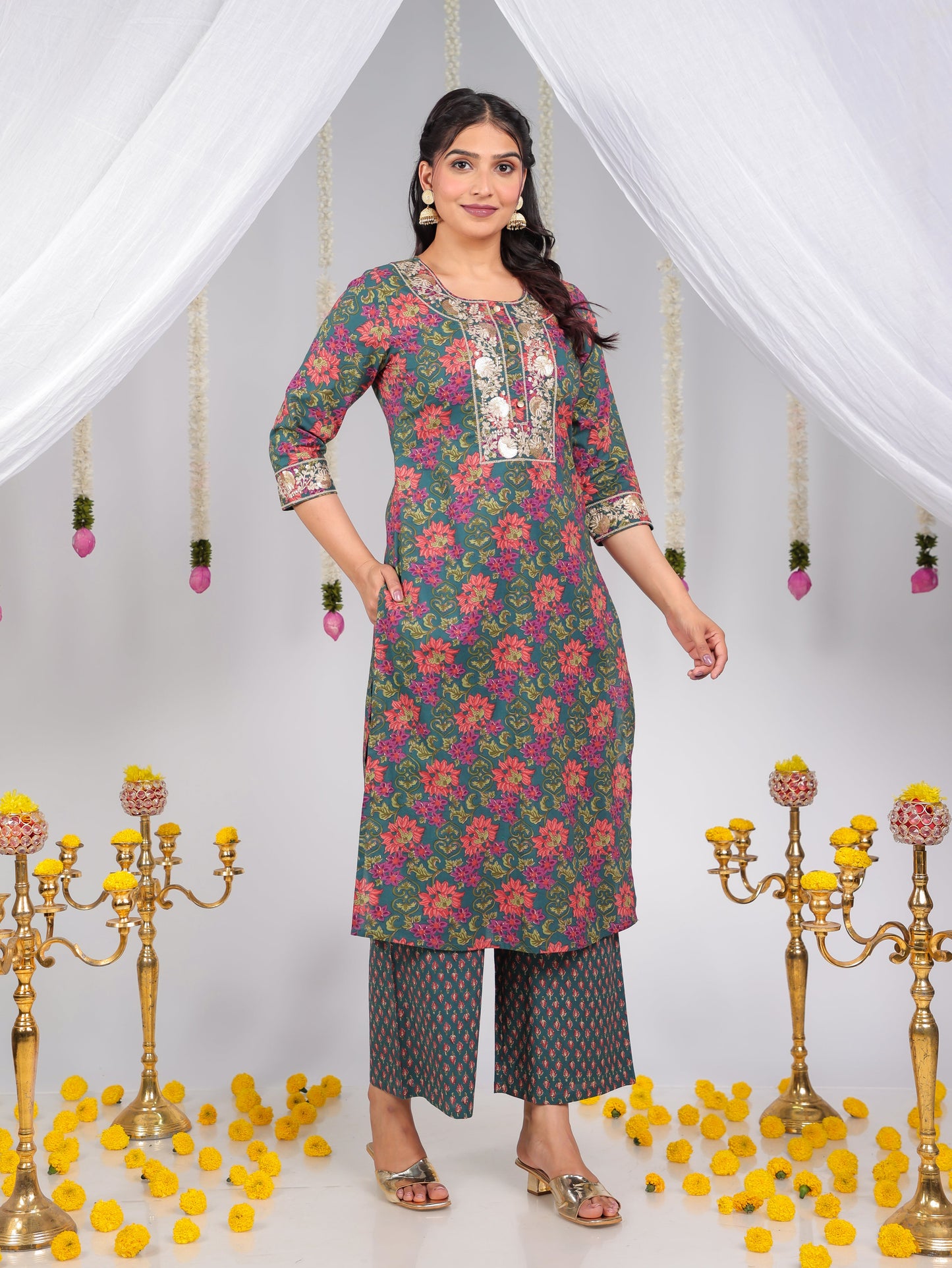 Embroidered Soft Cotton Floral Straight Green Kurta