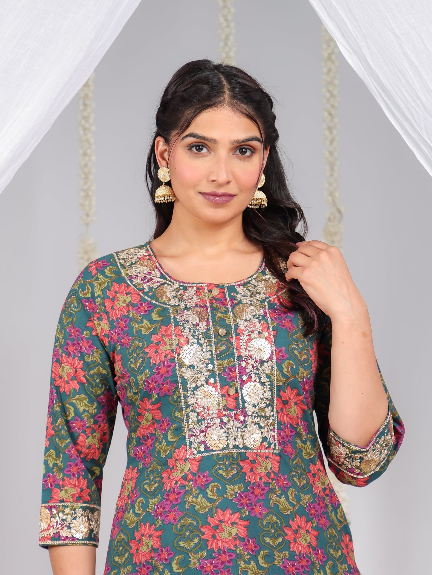 Embroidered Soft Cotton Floral Straight Green Kurta