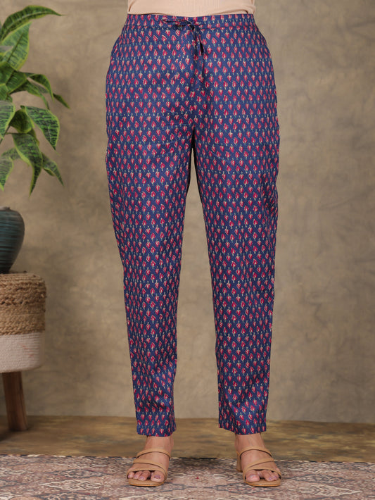 Soft Cotton Floral Blue Trousers  Tapered Trousers