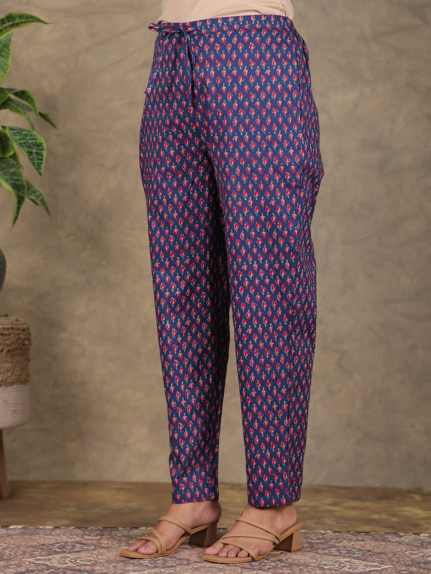 Soft Cotton Floral Blue Trousers  Tapered Trousers