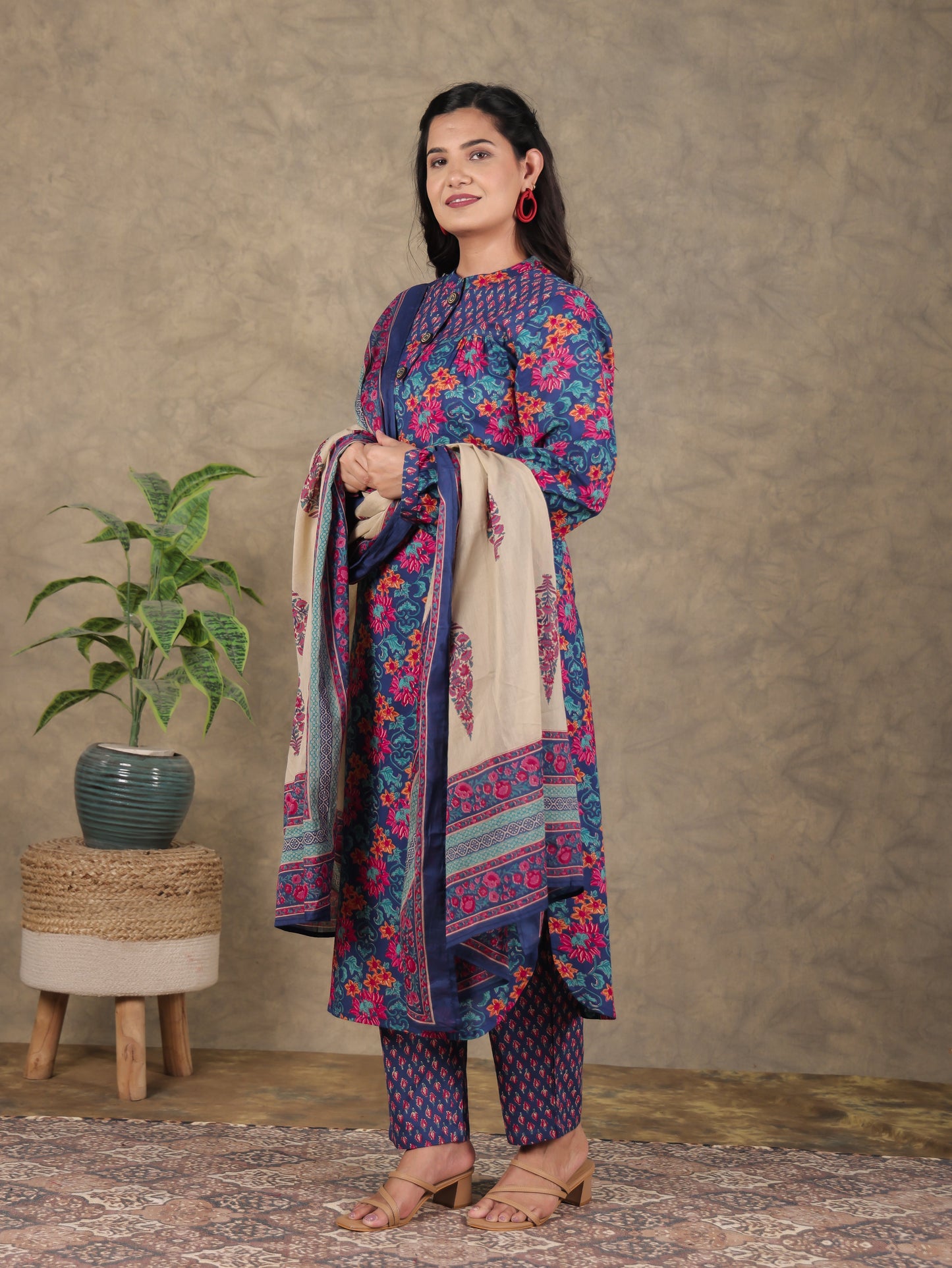 Soft Cotton Floral Straight Blue Kurta