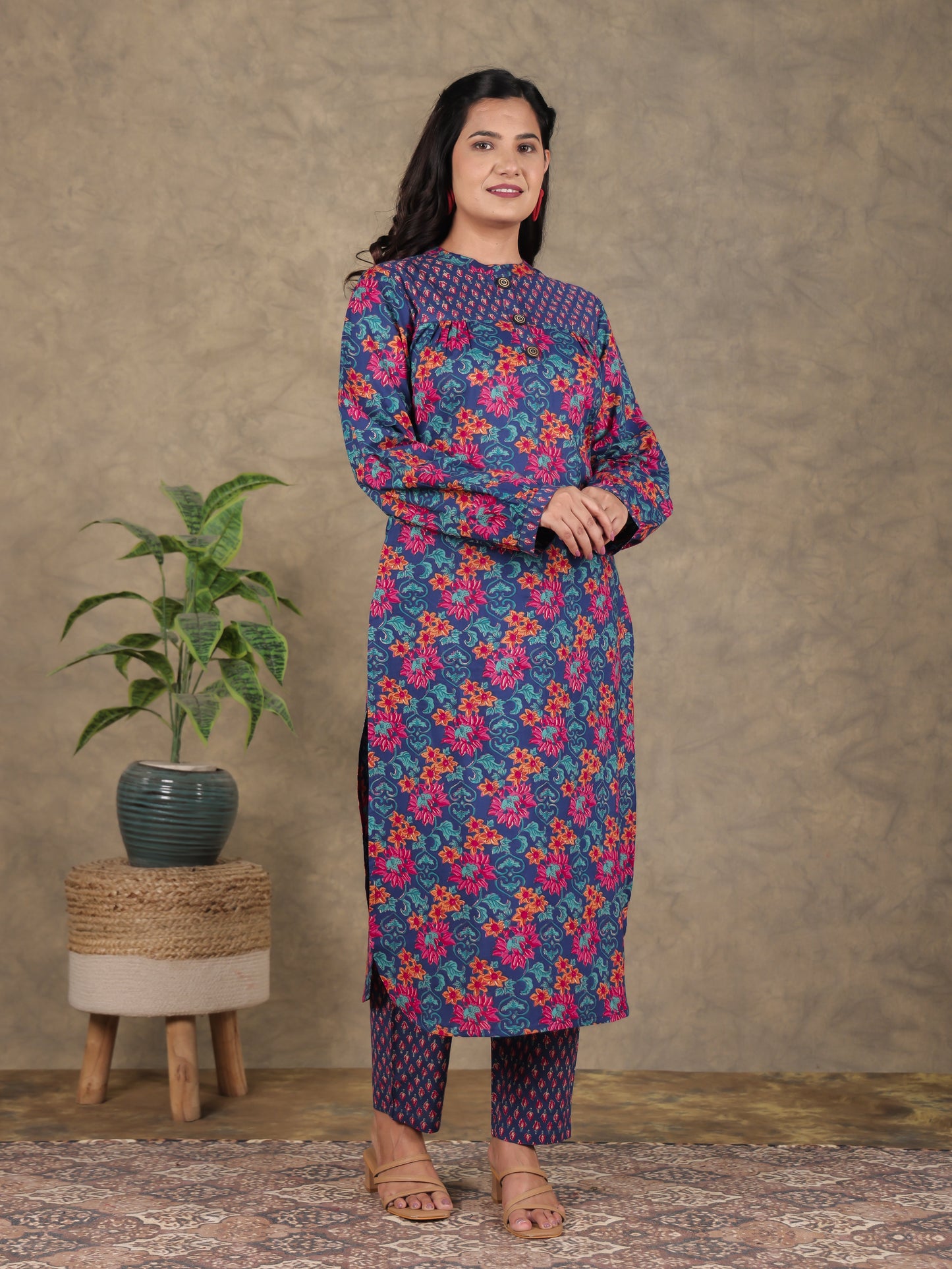 Soft Cotton Floral Straight Blue Kurta