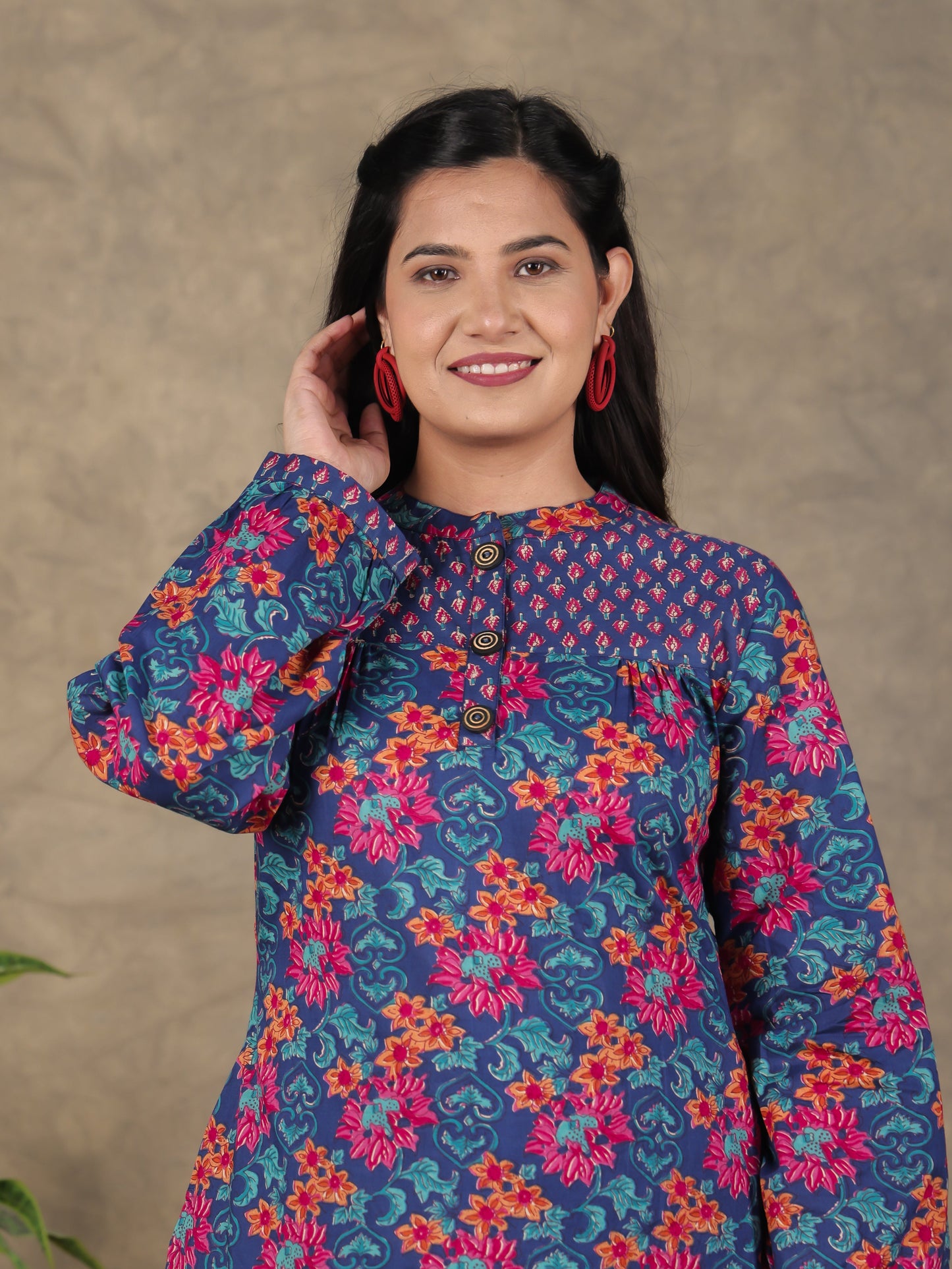 Soft Cotton Floral Straight Blue Kurta