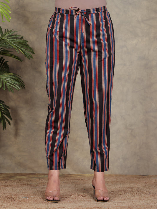 Soft Cotton Striped Black Tapered Trousers