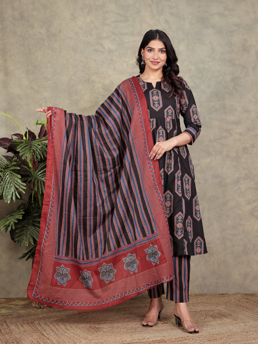 Soft Cotton Striped Black Dupatta