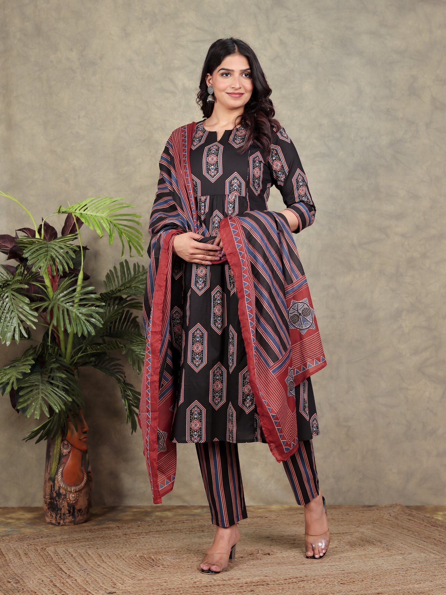 Soft Cotton Geometric Panelled Black Kurta