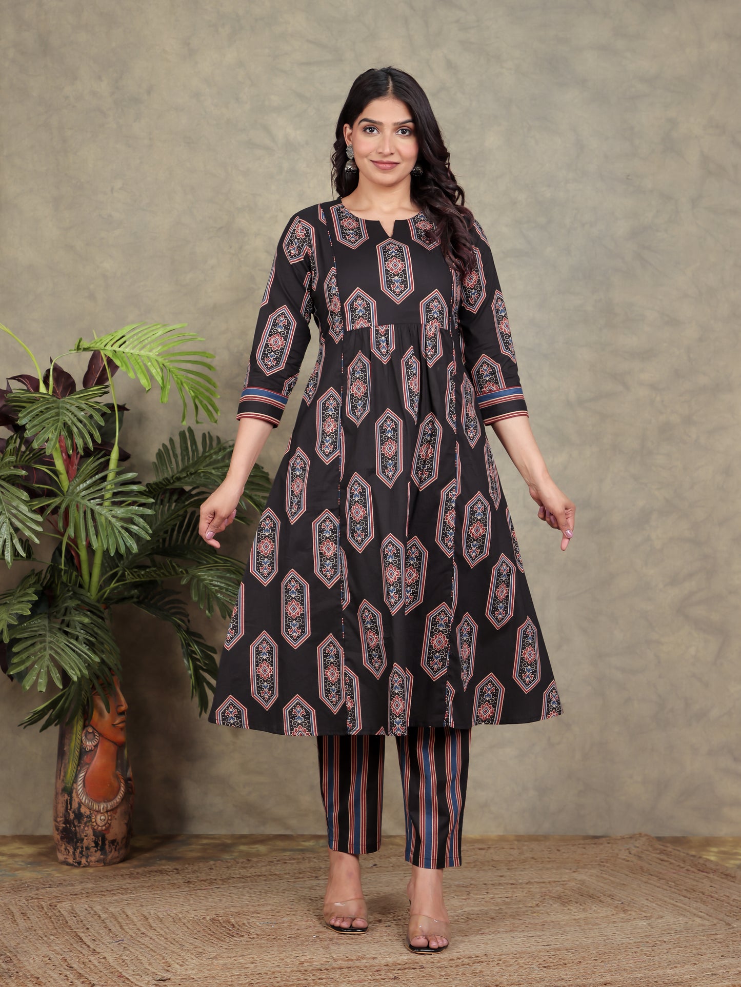 Soft Cotton Geometric Panelled Black Kurta