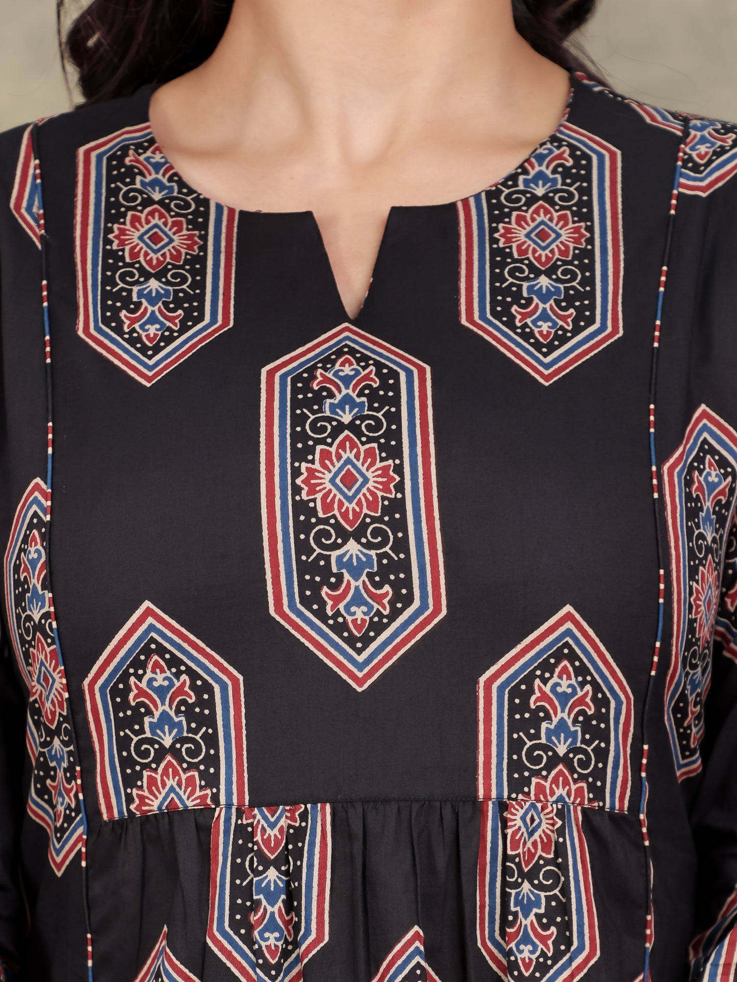 Soft Cotton Geometric Panelled Black Kurta