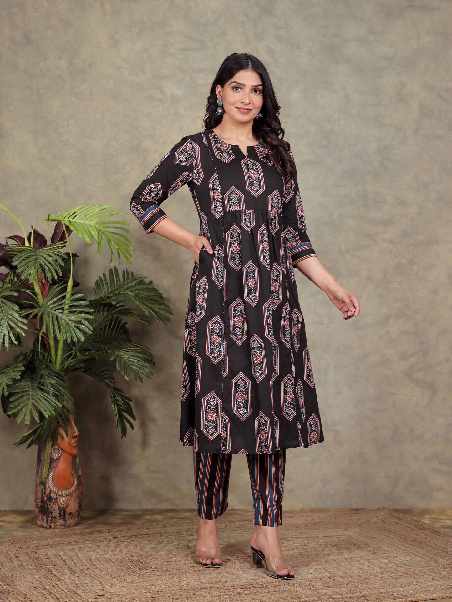 Soft Cotton Geometric Panelled Black Kurta