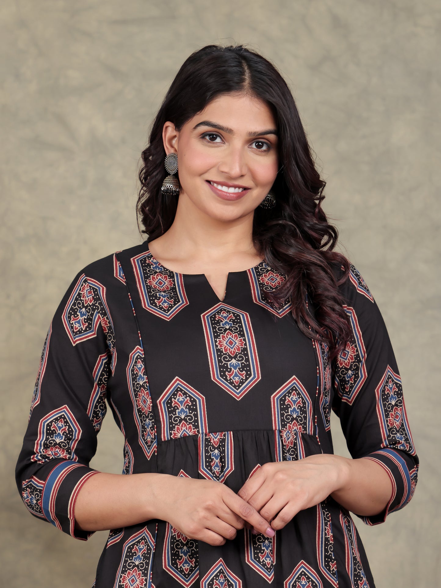 Soft Cotton Geometric Panelled Black Kurta