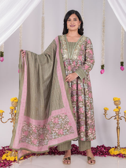 Cotton Voile Floral Green Dupatta