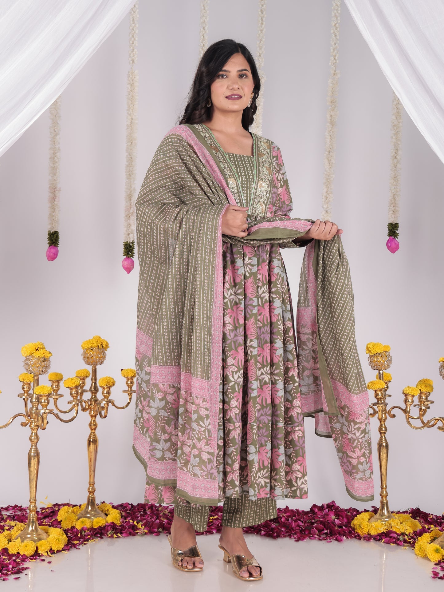 Cotton Voile Floral Green Dupatta