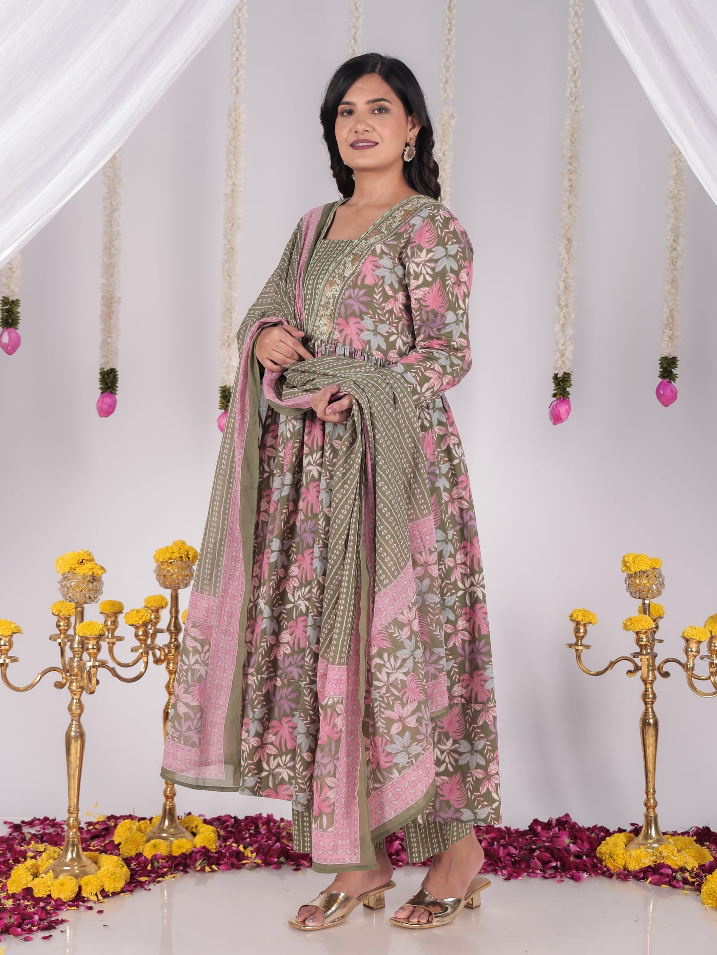 Cotton Voile Floral Green Dupatta