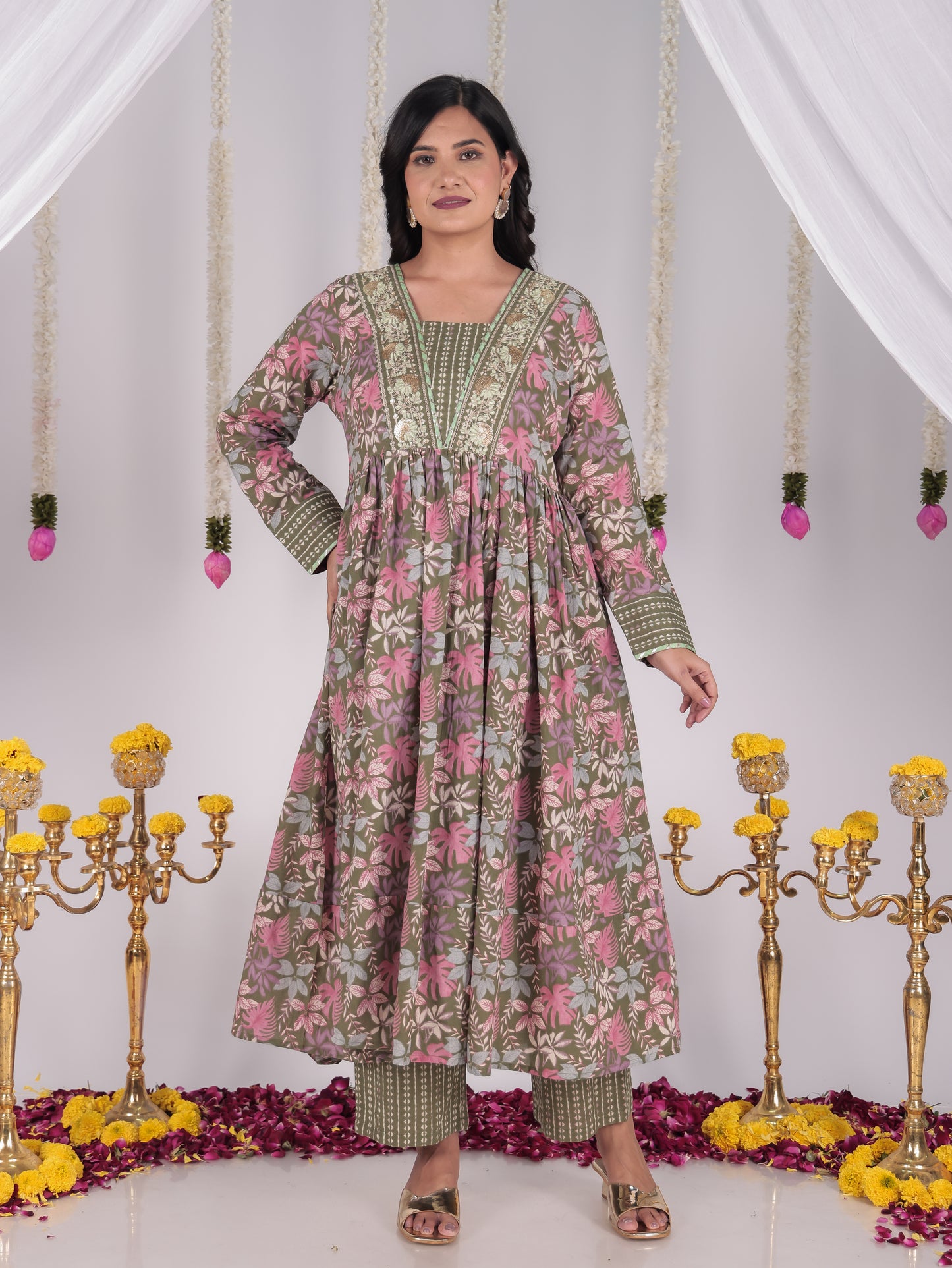 Embroidered Soft Cotton Floral Anarkali Green Kurta