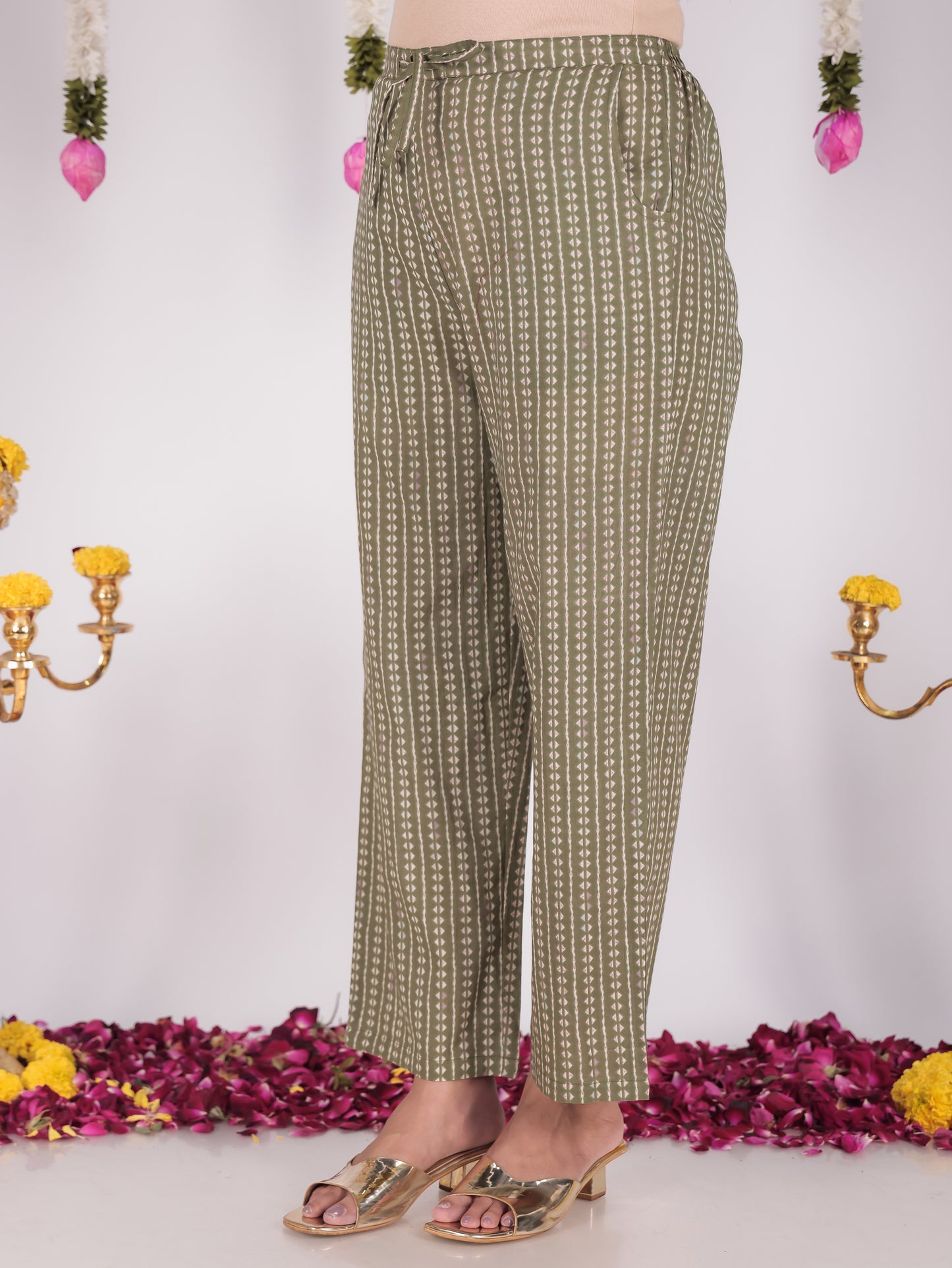 Soft Cotton Striped Green Straight Trousers
