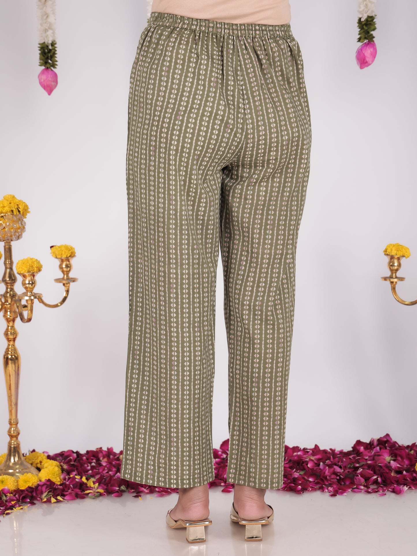 Soft Cotton Striped Green Straight Trousers