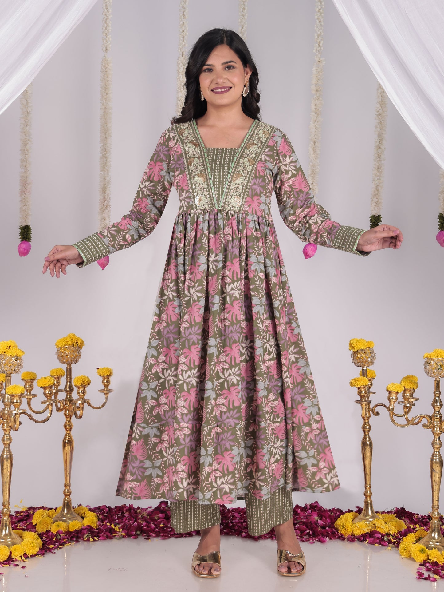 Embroidered Soft Cotton Floral Anarkali Green Kurta