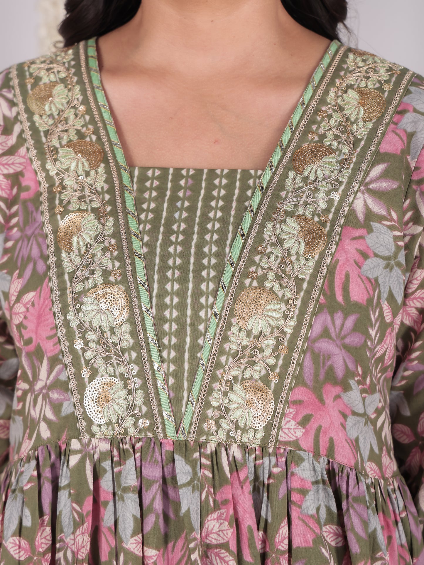 Embroidered Soft Cotton Floral Anarkali Green Kurta