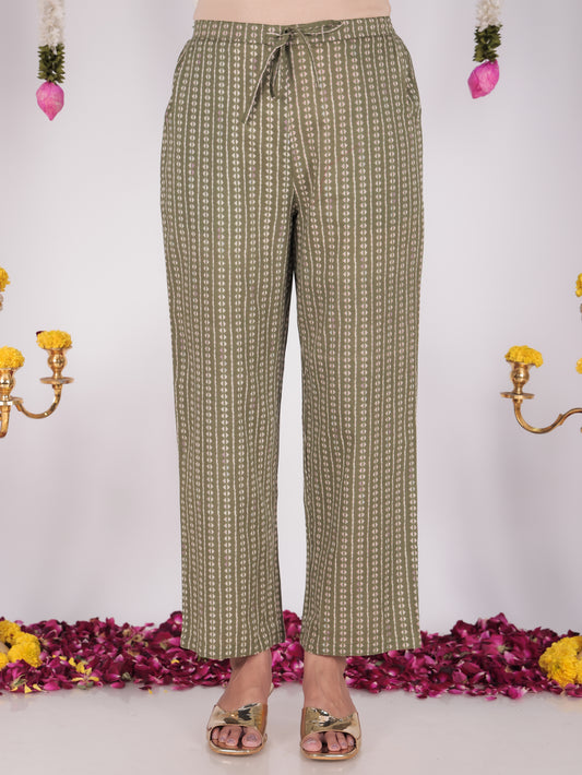 Soft Cotton Striped Green Straight Trousers