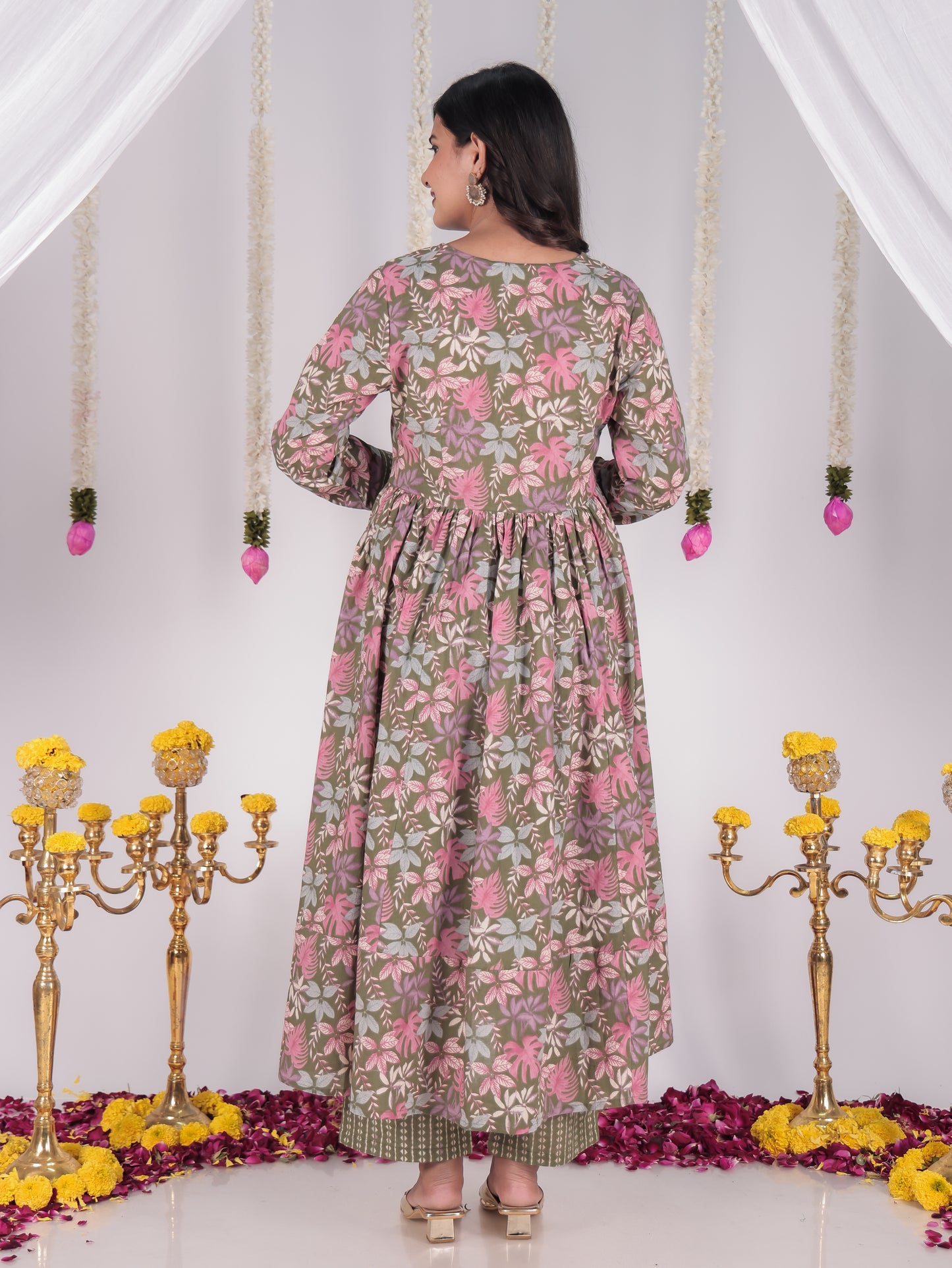 Embroidered Soft Cotton Floral Anarkali Green Kurta