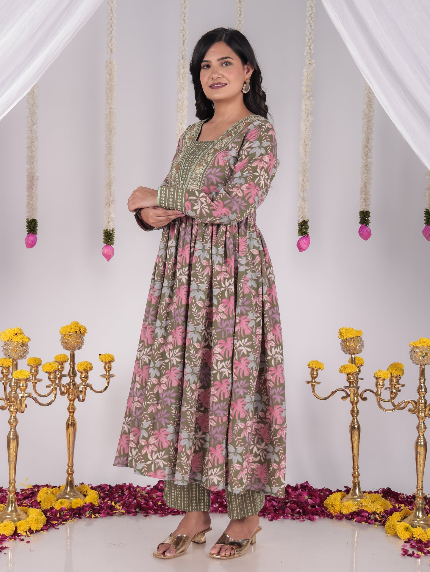 Embroidered Soft Cotton Floral Anarkali Green Kurta