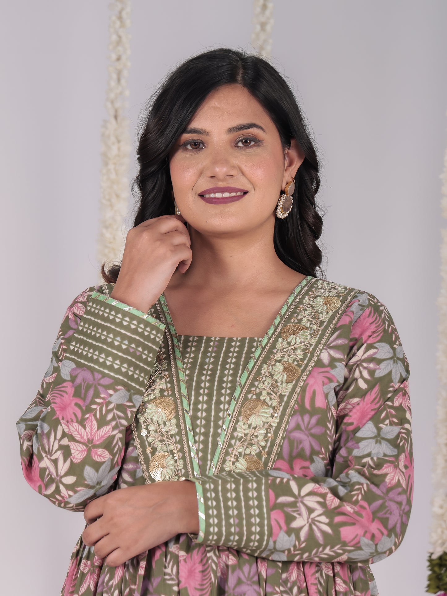 Embroidered Soft Cotton Floral Anarkali Green Kurta