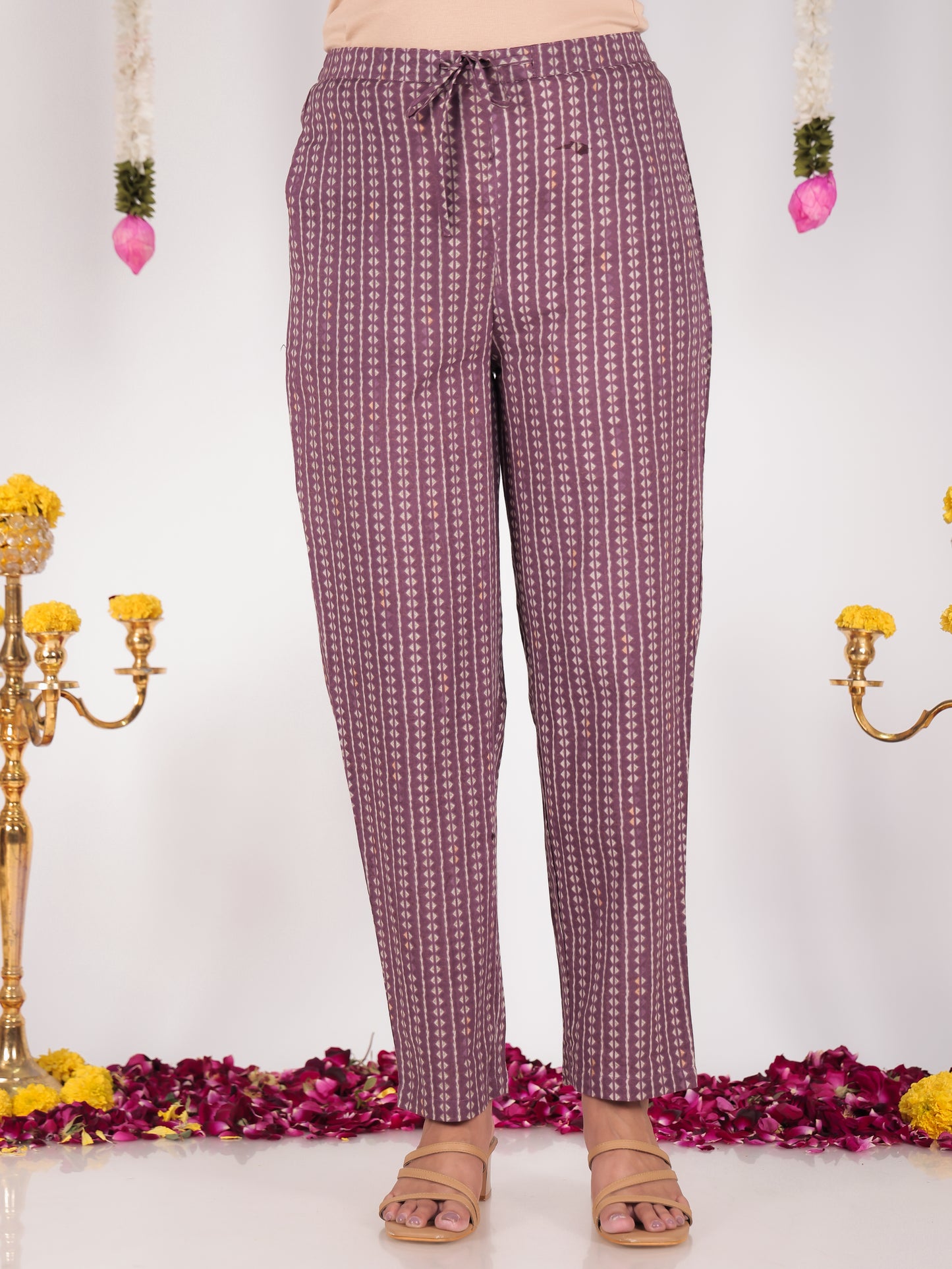 Soft Cotton Striped Purple Tapered Trousers
