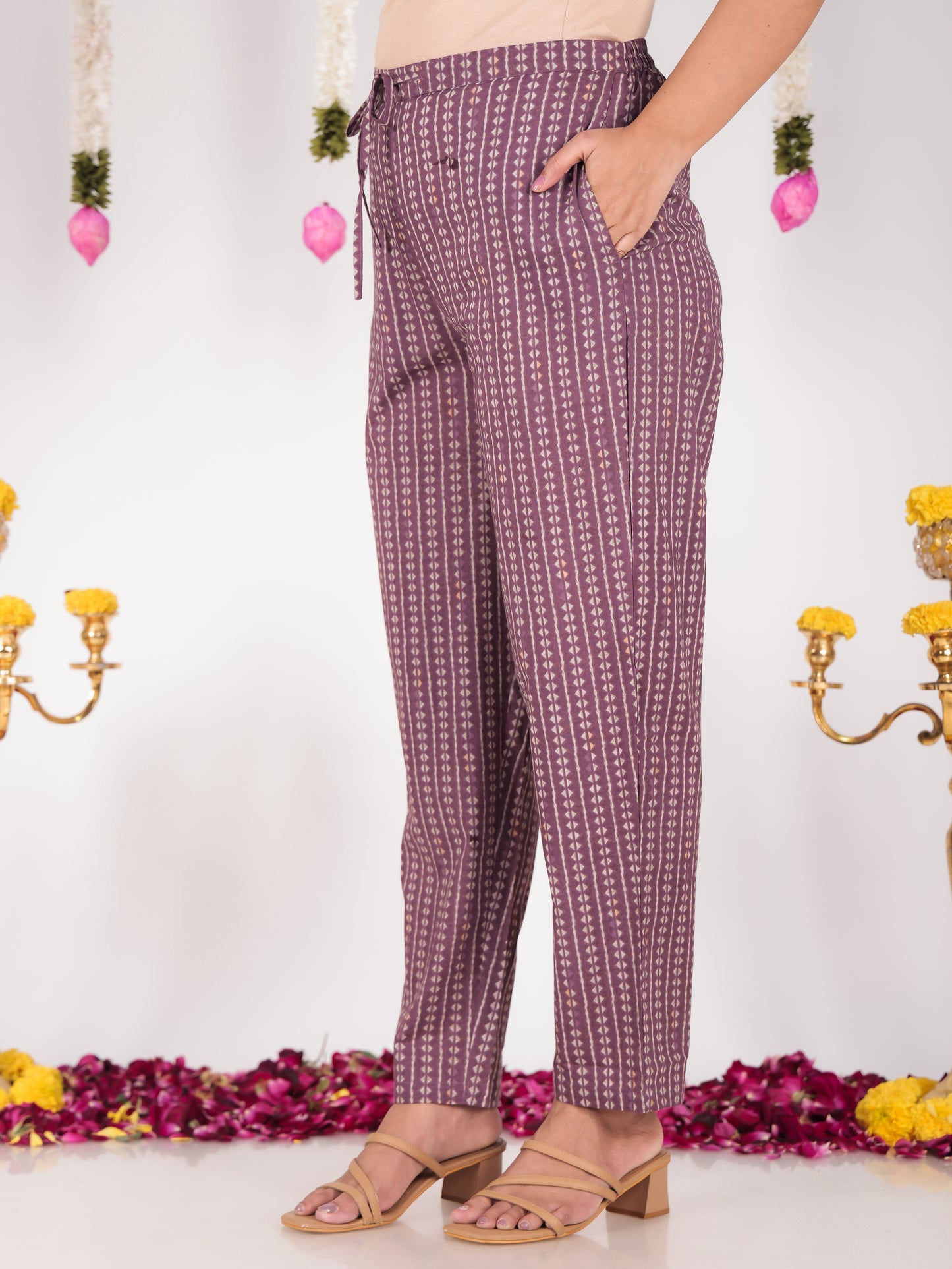 Soft Cotton Striped Purple Tapered Trousers