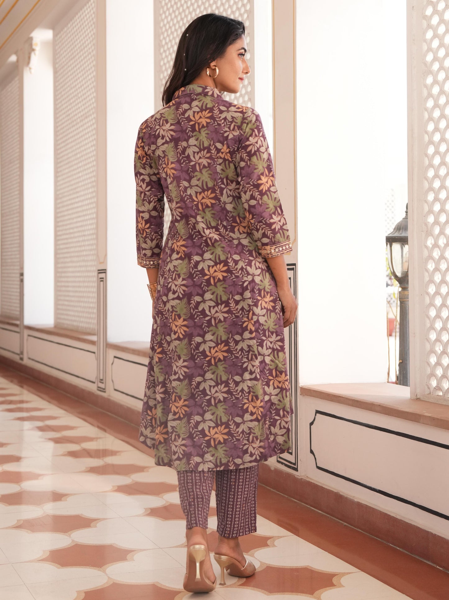Embroidered Soft Cotton Floral High Low Purple Kurta