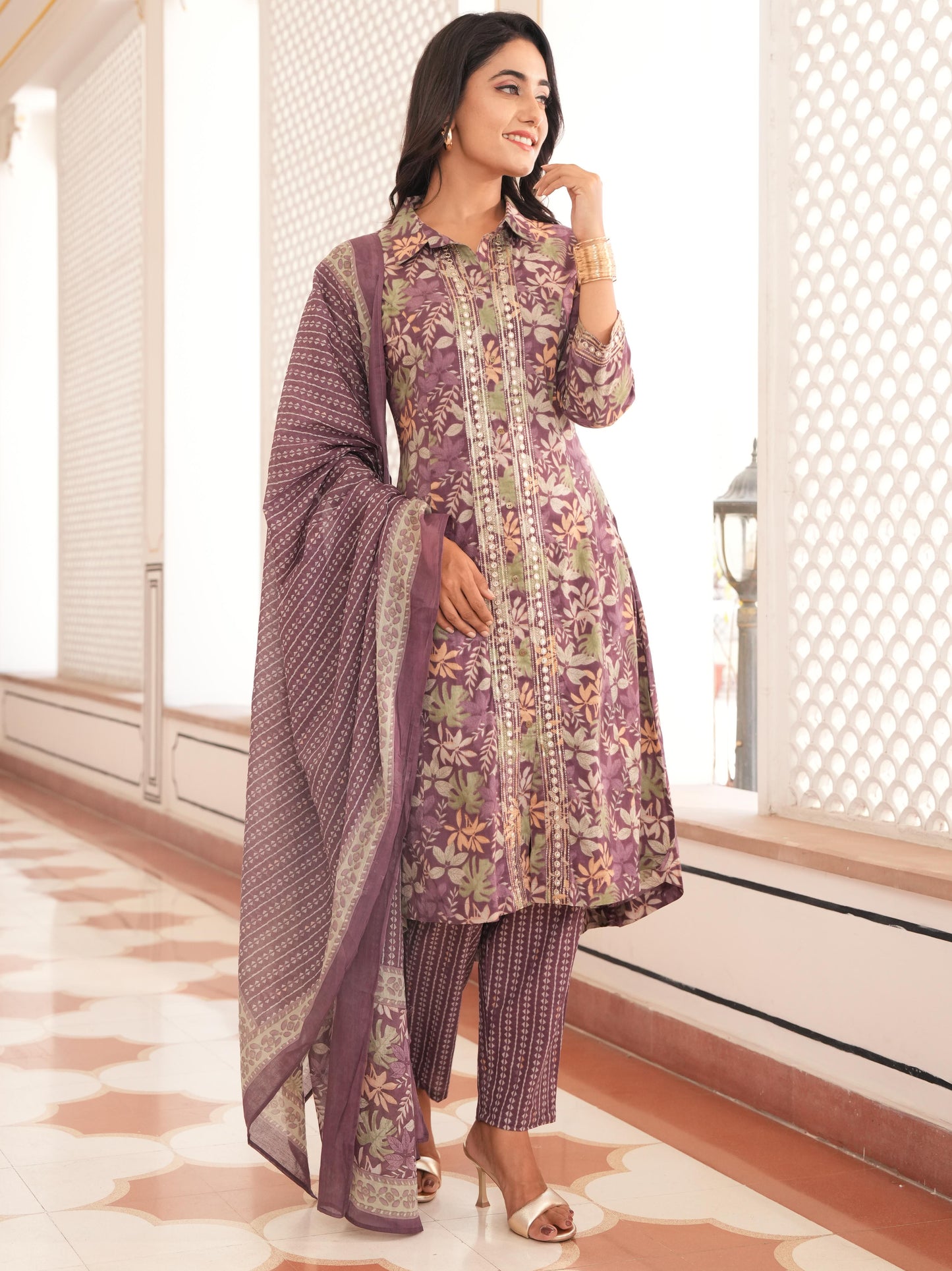 Embroidered Soft Cotton Floral High Low Purple Kurta