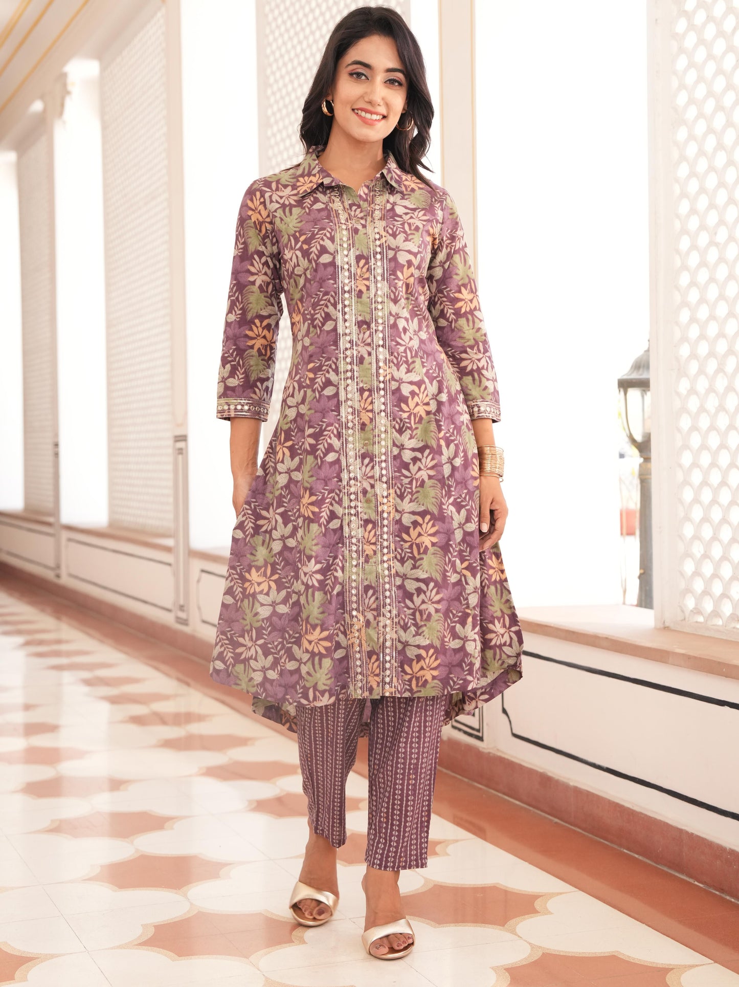 Embroidered Soft Cotton Floral High Low Purple Kurta