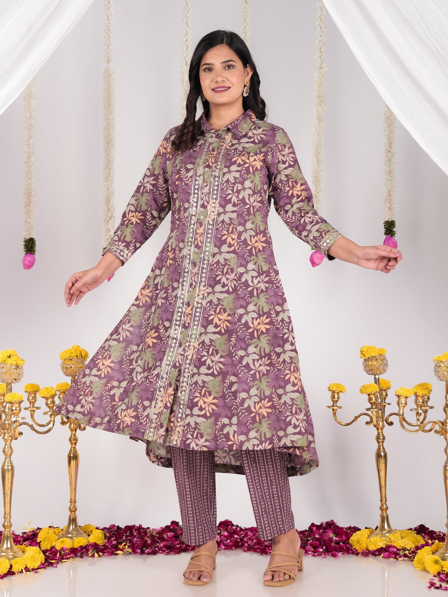 Embroidered Soft Cotton Floral High Low Purple Kurta