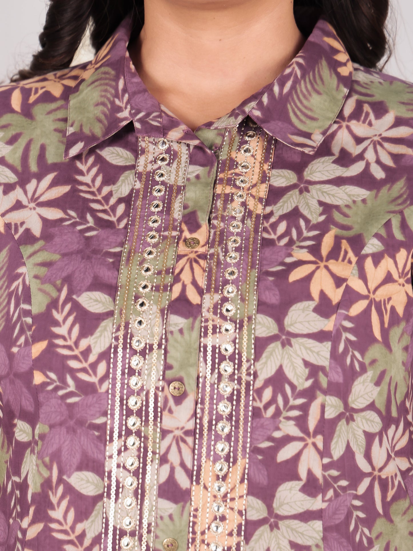 Embroidered Soft Cotton Floral High Low Purple Kurta
