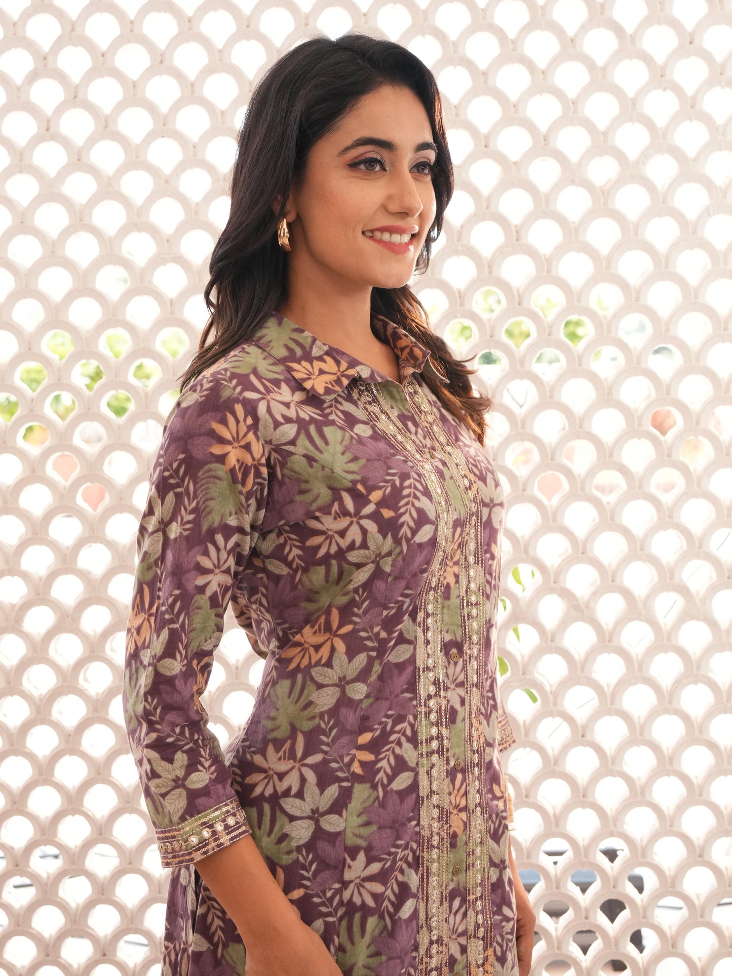 Embroidered Soft Cotton Floral High Low Purple Kurta