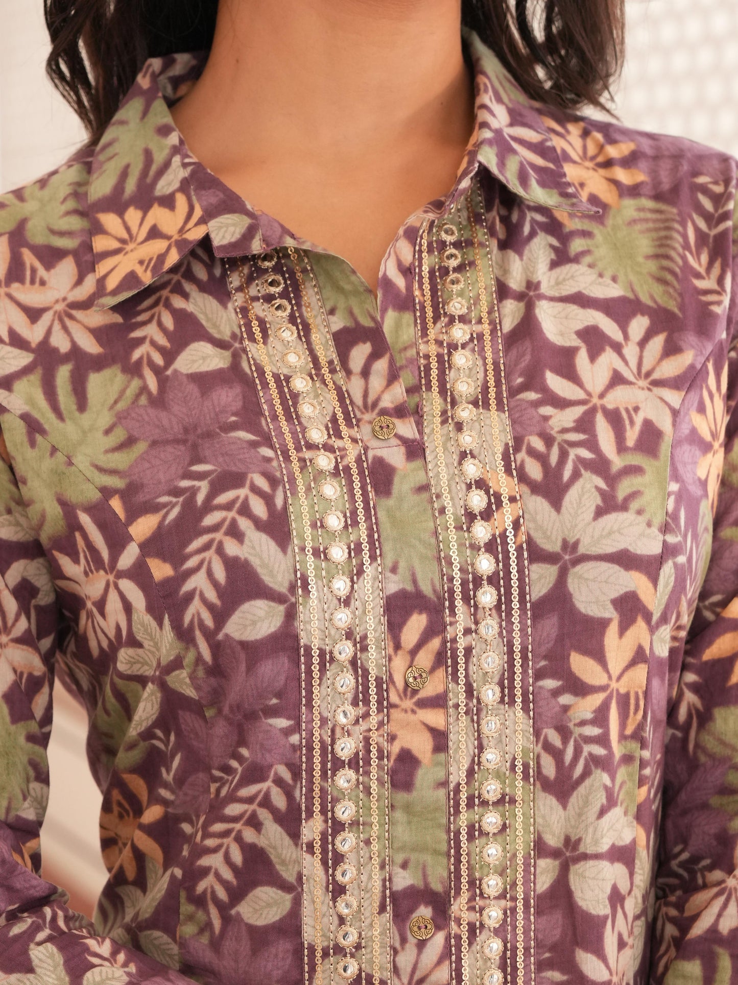 Embroidered Soft Cotton Floral High Low Purple Kurta
