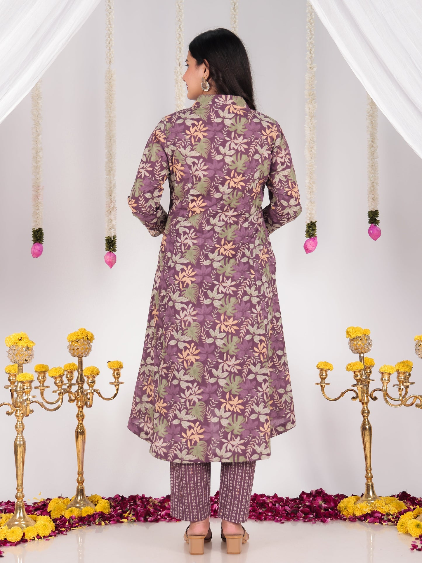 Embroidered Soft Cotton Floral High Low Purple Kurta