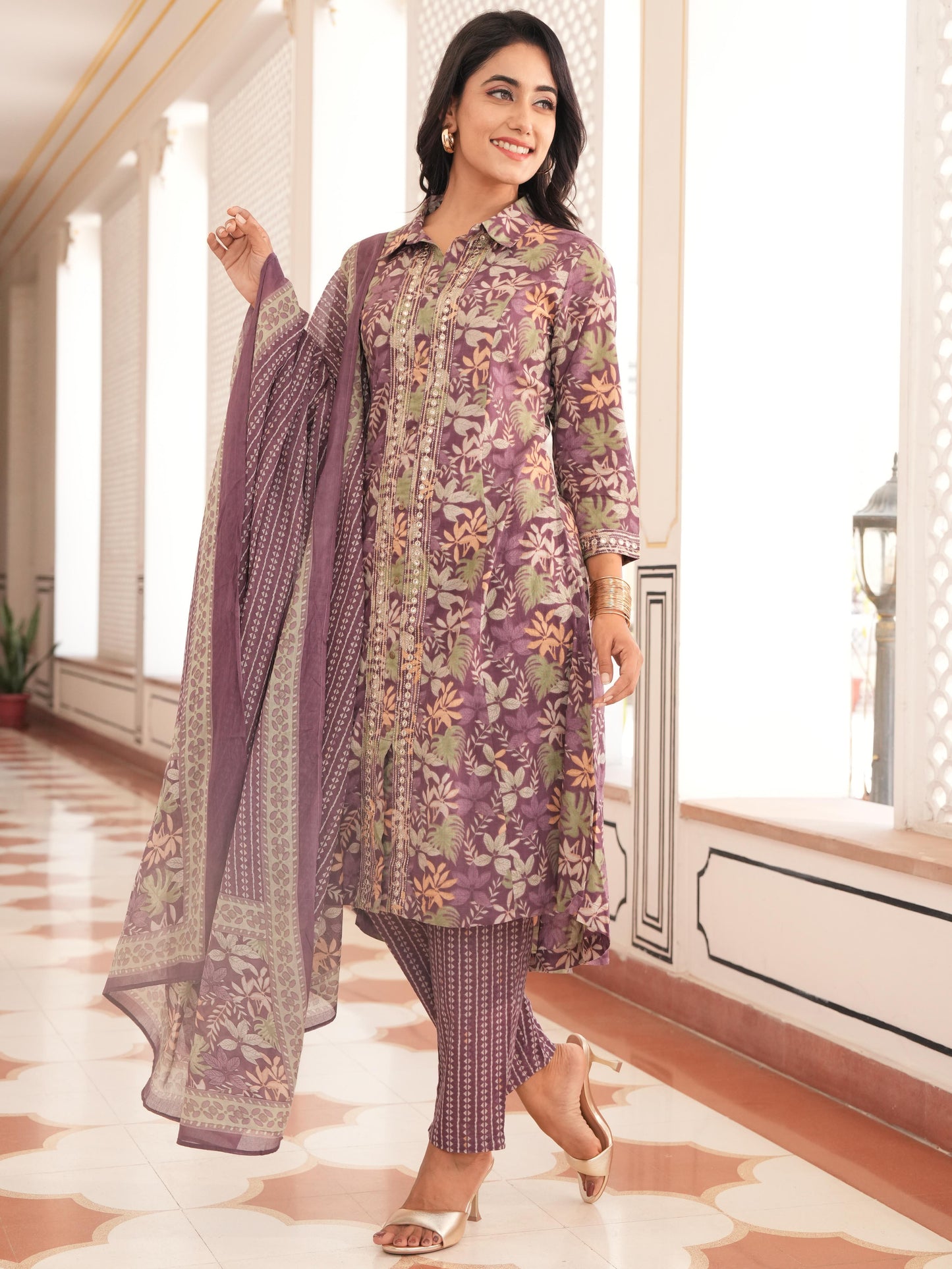 Embroidered Soft Cotton Floral High Low Purple Kurta