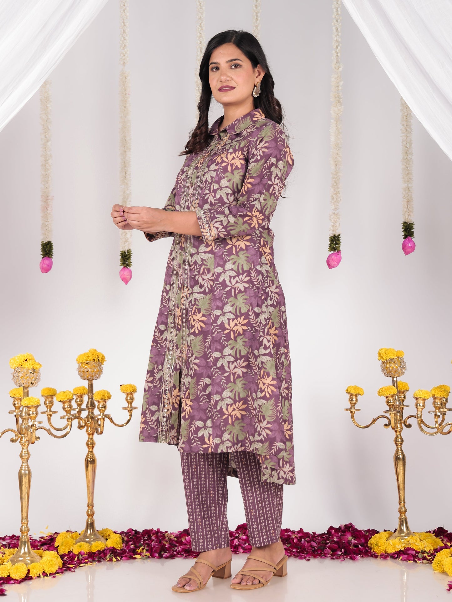 Embroidered Soft Cotton Floral High Low Purple Kurta