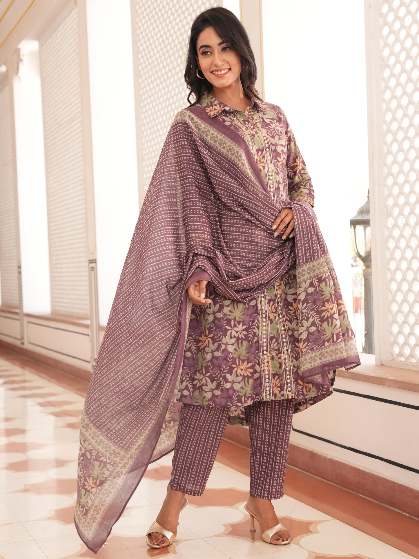 Embroidered Soft Cotton Floral High Low Purple Kurta