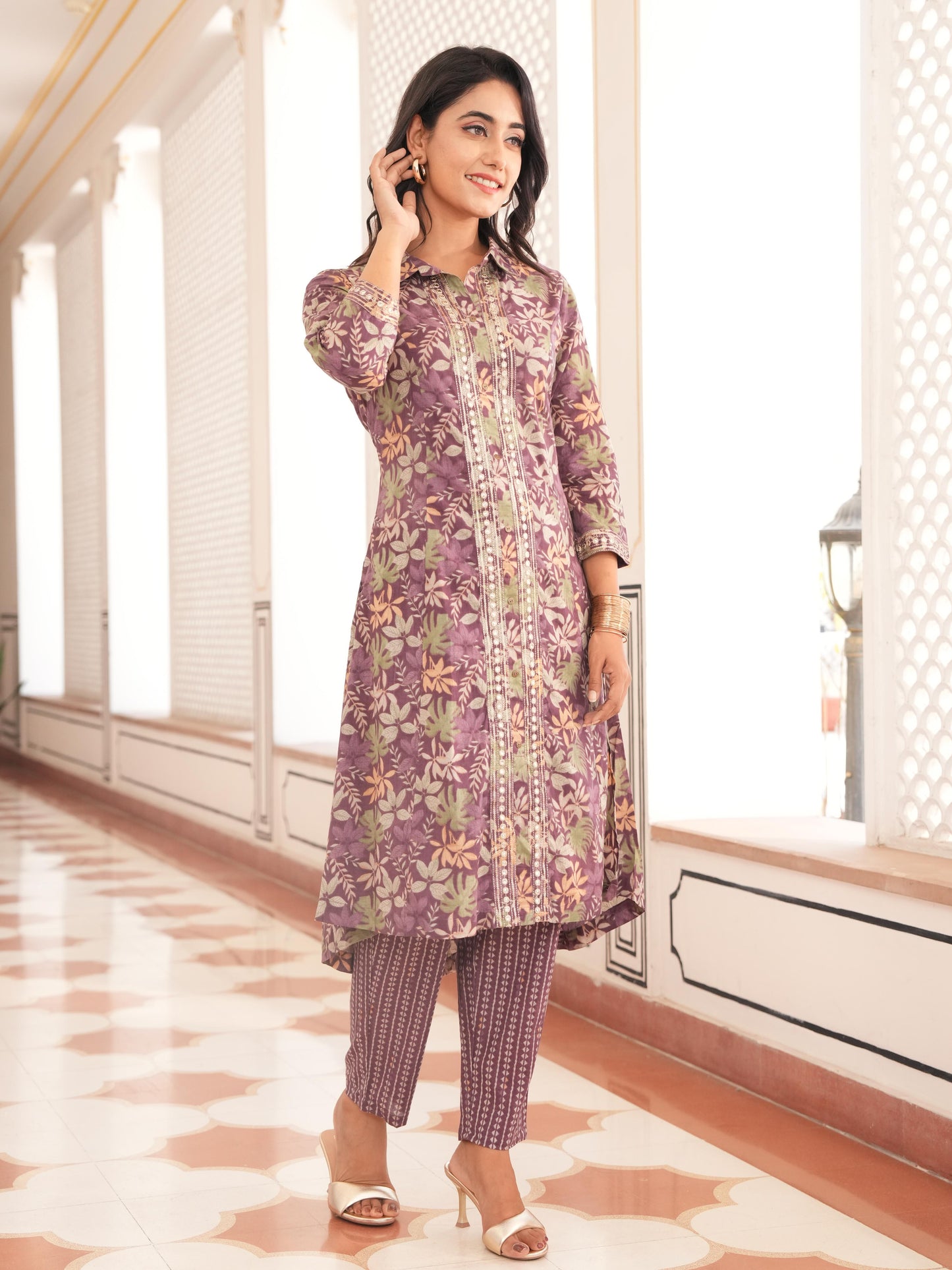 Embroidered Soft Cotton Floral High Low Purple Kurta