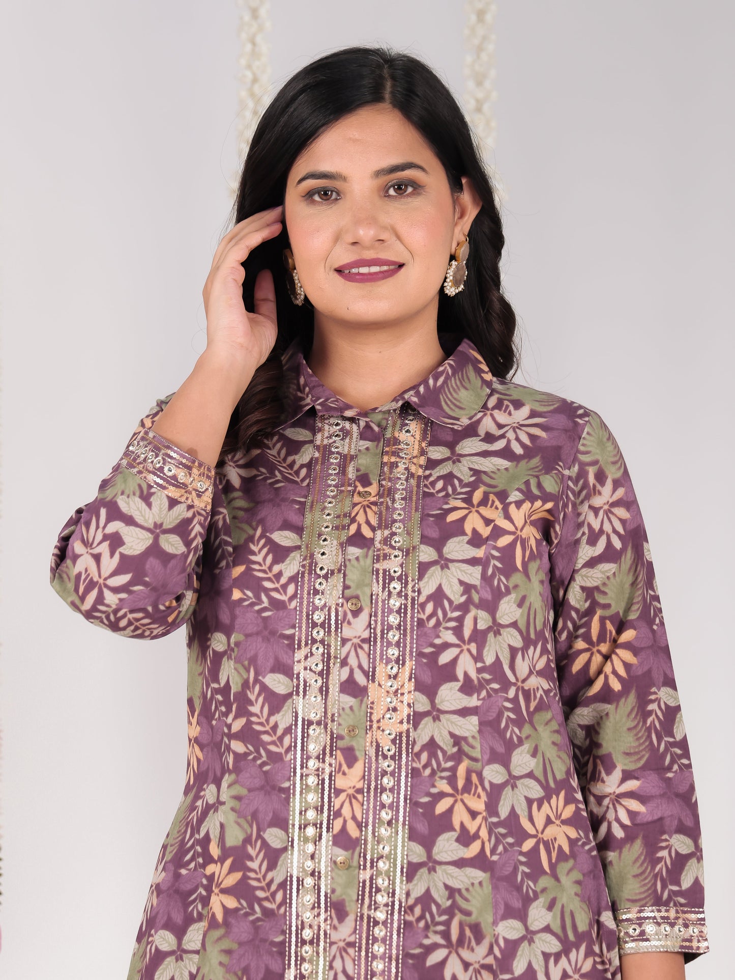 Embroidered Soft Cotton Floral High Low Purple Kurta