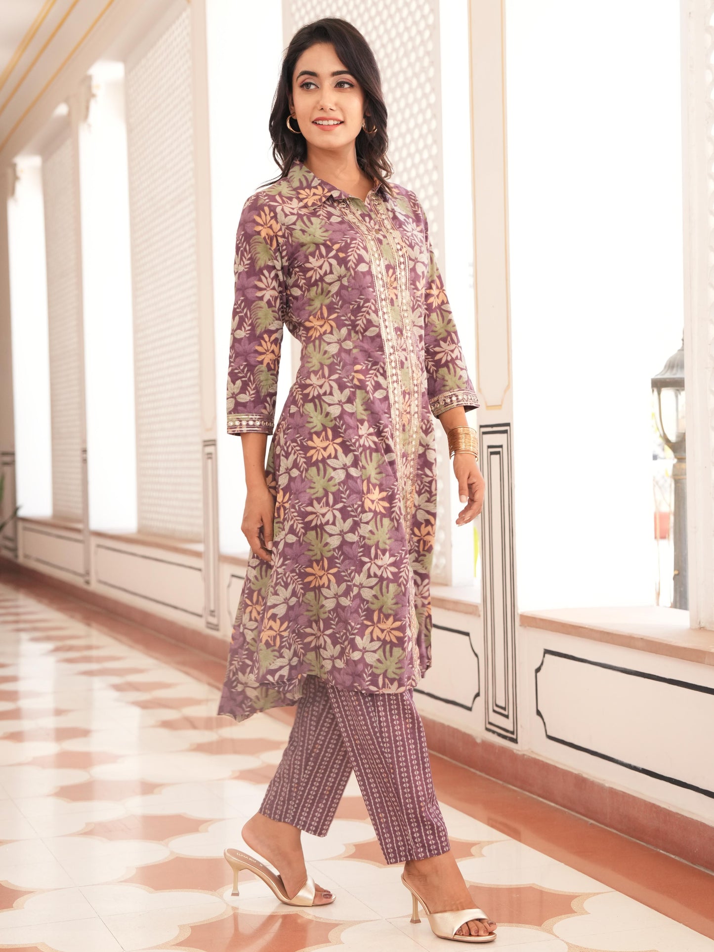 Embroidered Soft Cotton Floral High Low Purple Kurta