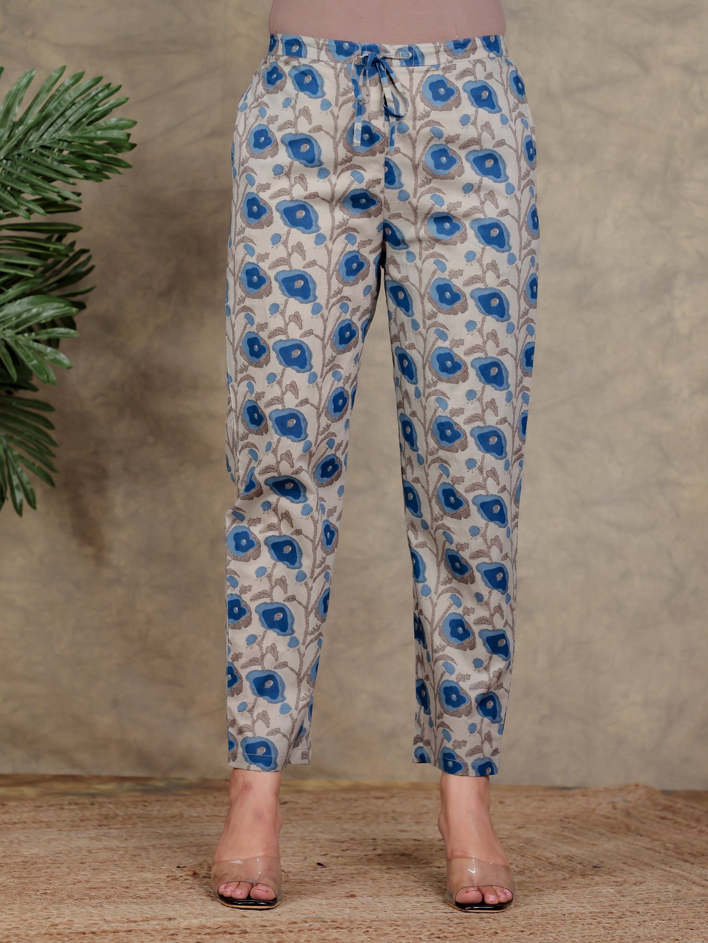 Soft Cotton Floral Beige Trousers  Tapered Trousers