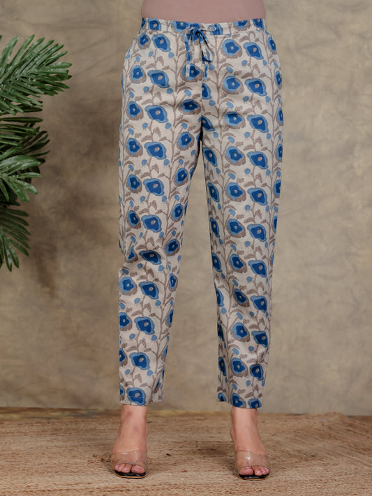 Soft Cotton Floral Beige Trousers  Tapered Trousers