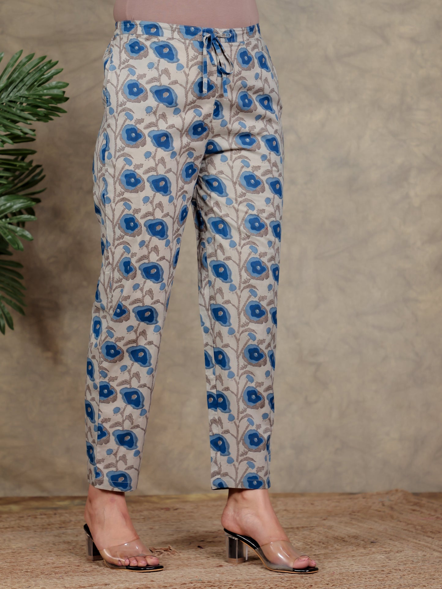 Soft Cotton Floral Beige Trousers  Tapered Trousers