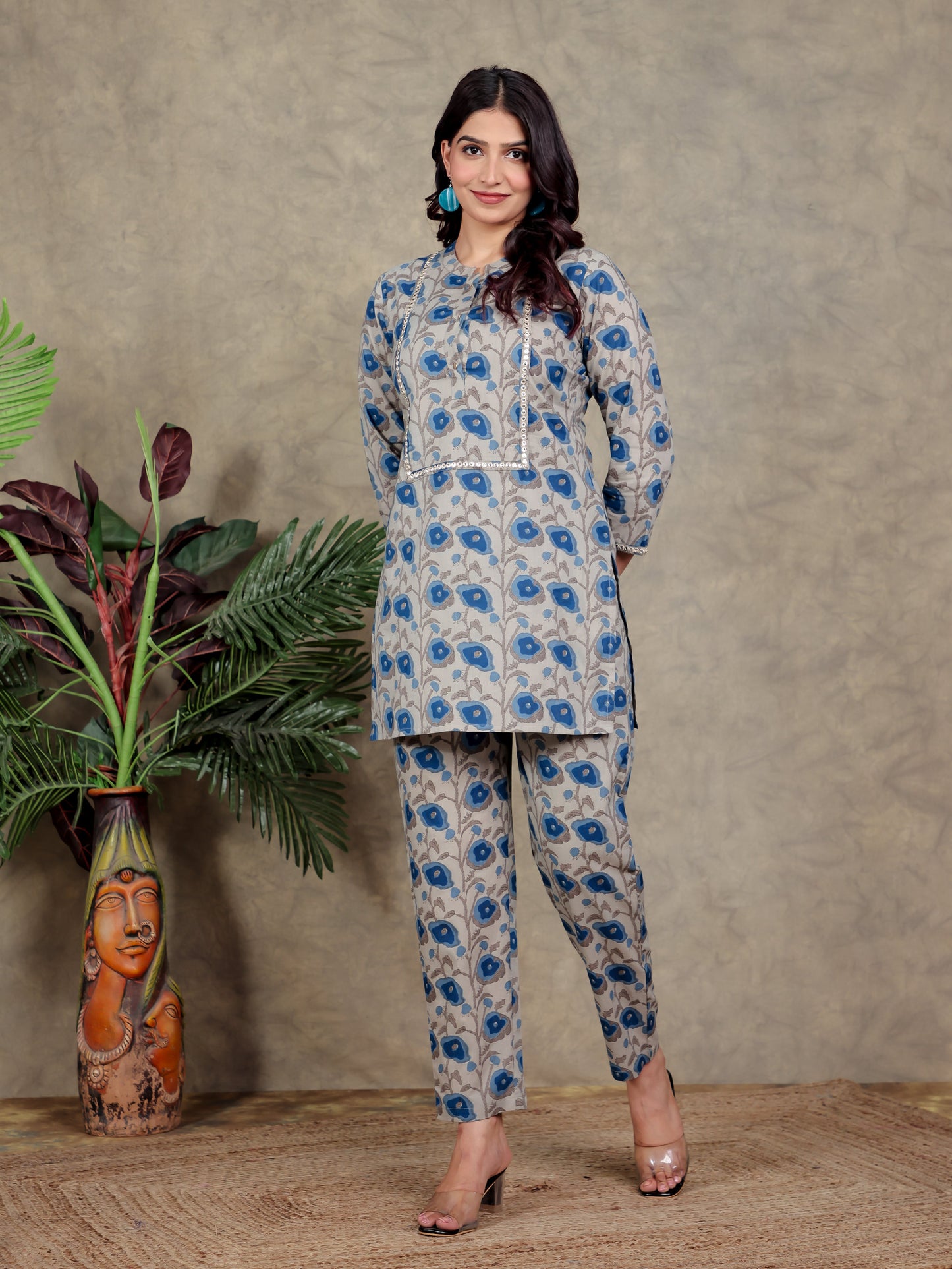 Soft Cotton Floral Straight Beige Kurta