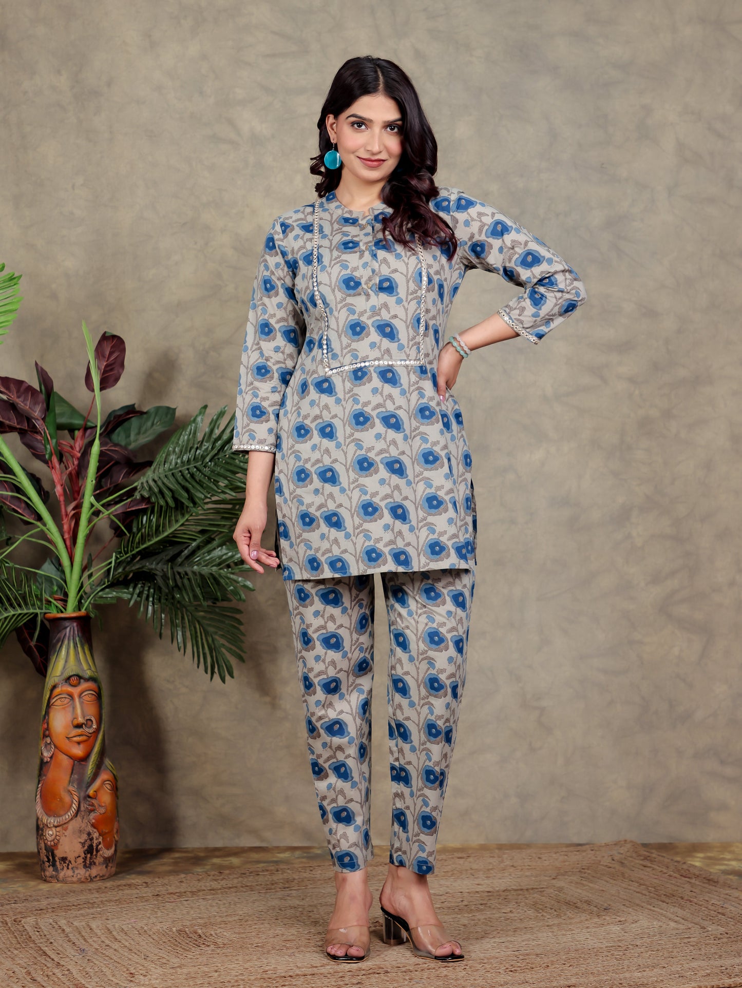Soft Cotton Floral Straight Beige Kurta